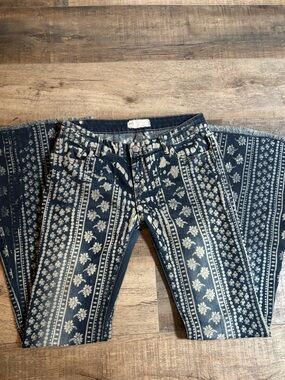 Free People Indigo Floral Stripe Wide-Leg Jeans